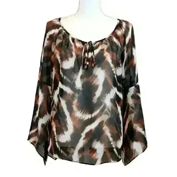 AB Studio Brown/Black Animal Print Tie-Neck Blouse – Size Medium - Picture 1 of 8